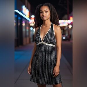 Ruby Rox Black Polka Dot Halter Dress with White Dots